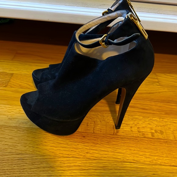 Prada Peep-Toe Suede Platform Ankle Boots - Picture 5 of 9